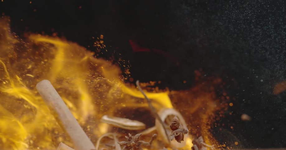 Citrus herbs and spices explode when blasted with flames