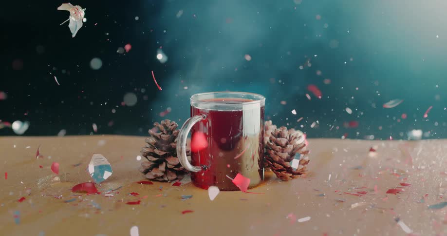 A mug sits on a table as christmas ornaments fall and crash in to pieces around it