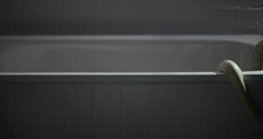 A person steps out of a large bathtub that has snakes inside