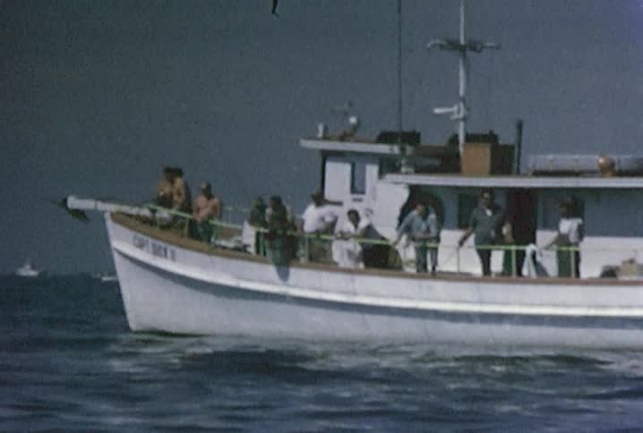A ferry boat is seen with many passengers onboard while many other boats can be seen in the background