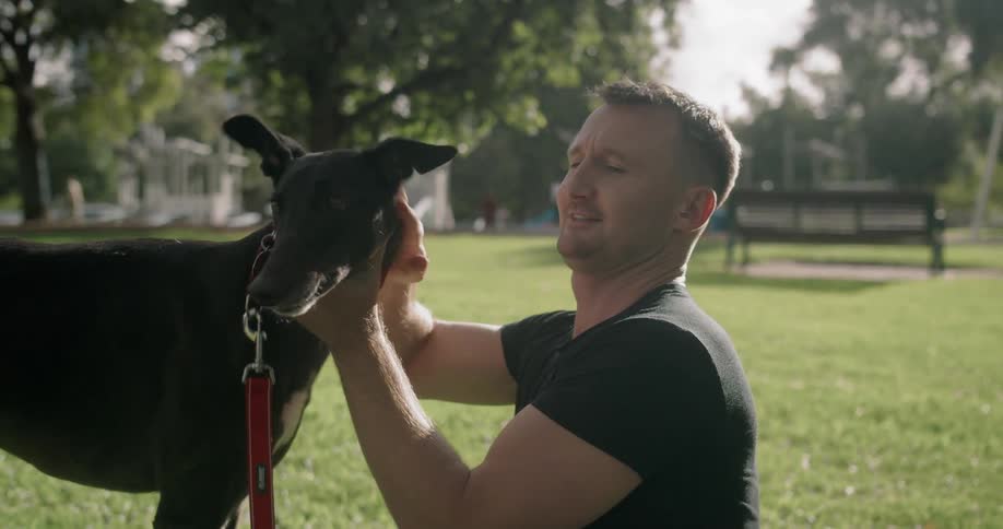 Man pets his dog sitting on the grass at park next to bench