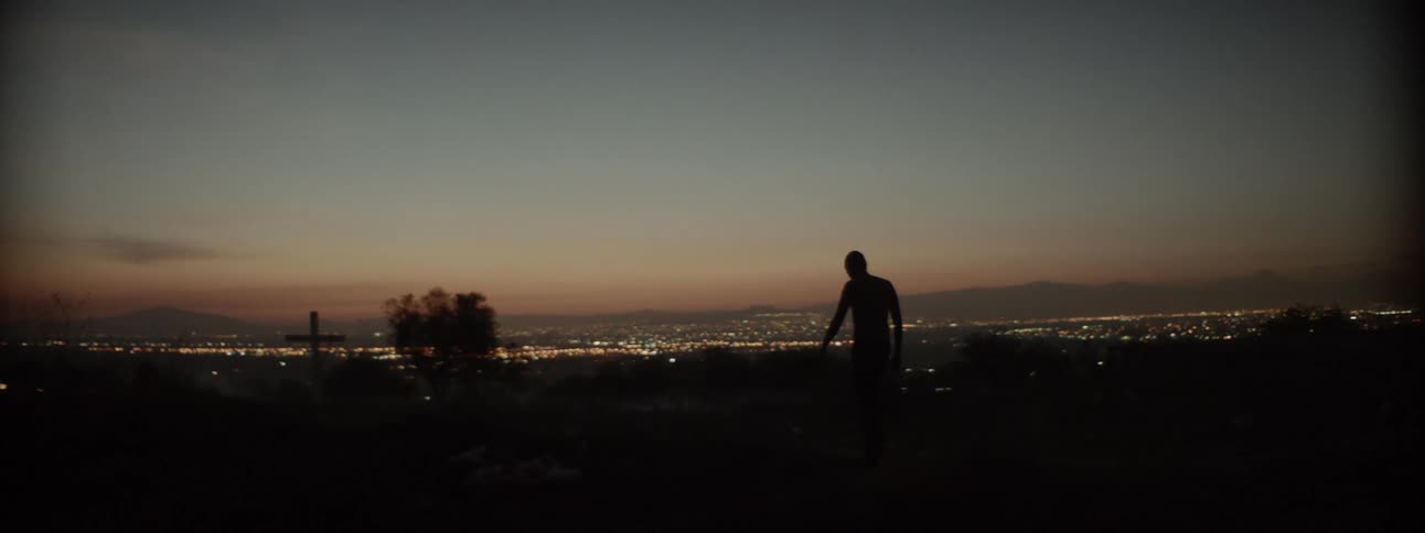 A man walking outside with the city in the background
