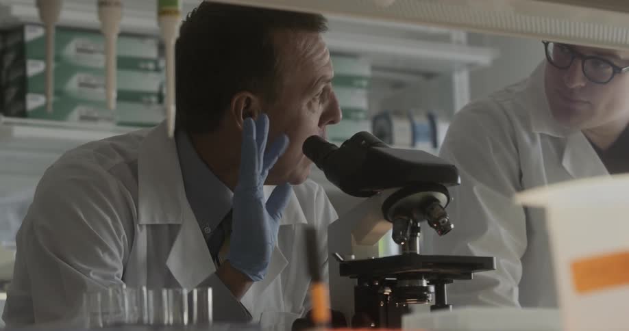 Scientists discuss what they are viewing through a microscope