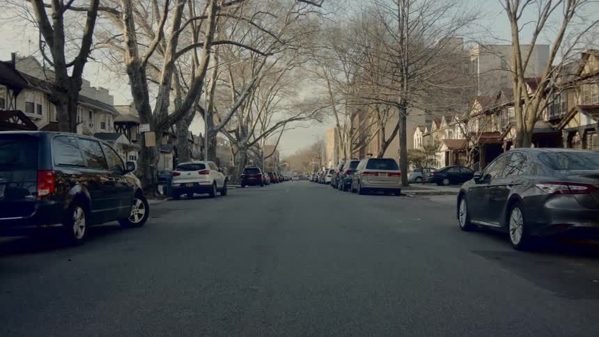 Parked cars line the street in a residential area