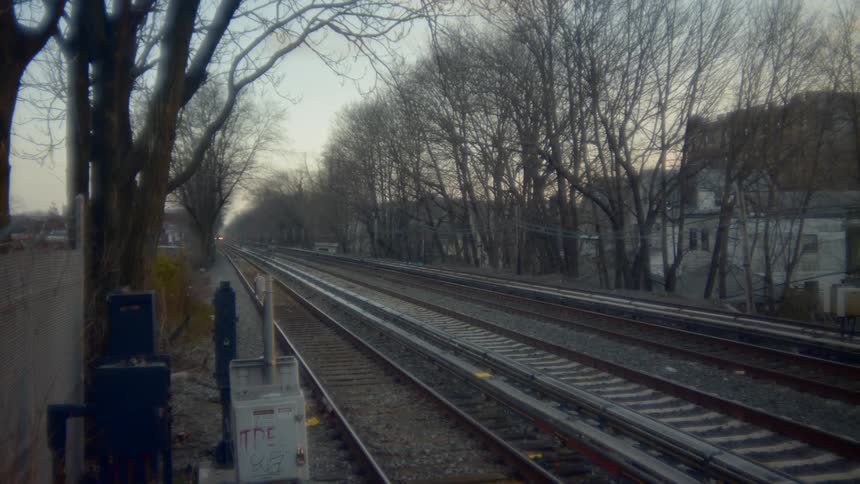 In the distance a train approaches on railroad tracks bordered by leafless trees and houses