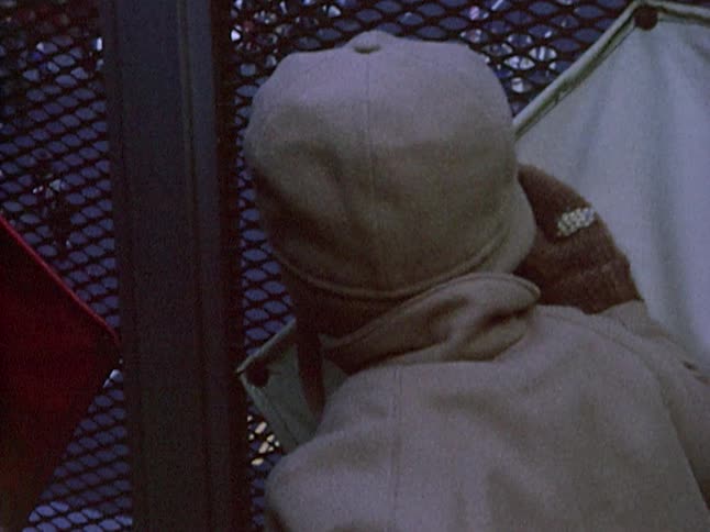 A boy peering through fencing as people are seen walking around below