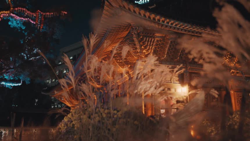 The temple is brightly lit at night