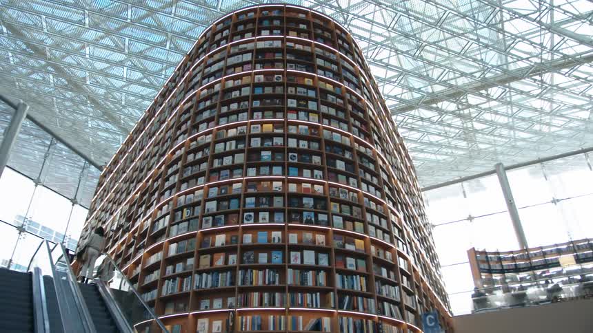 Woman steps off escalators near large towering shelving unit full of books under glass roof