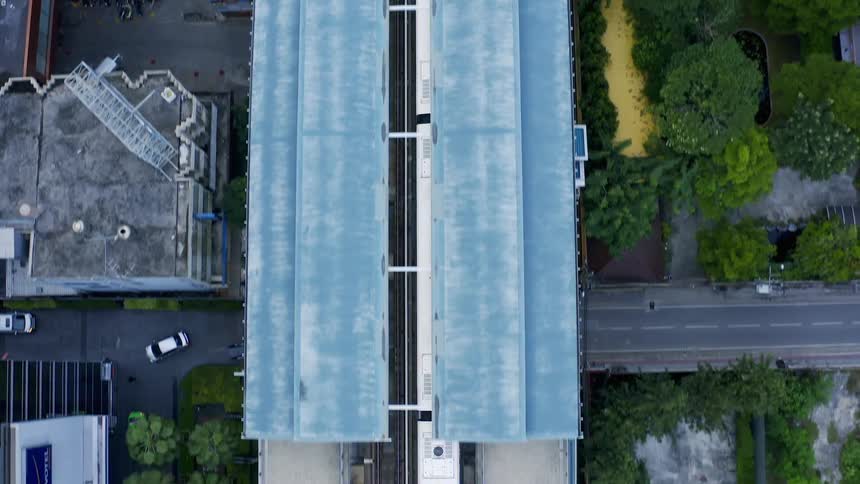 Train is moving through a downtown