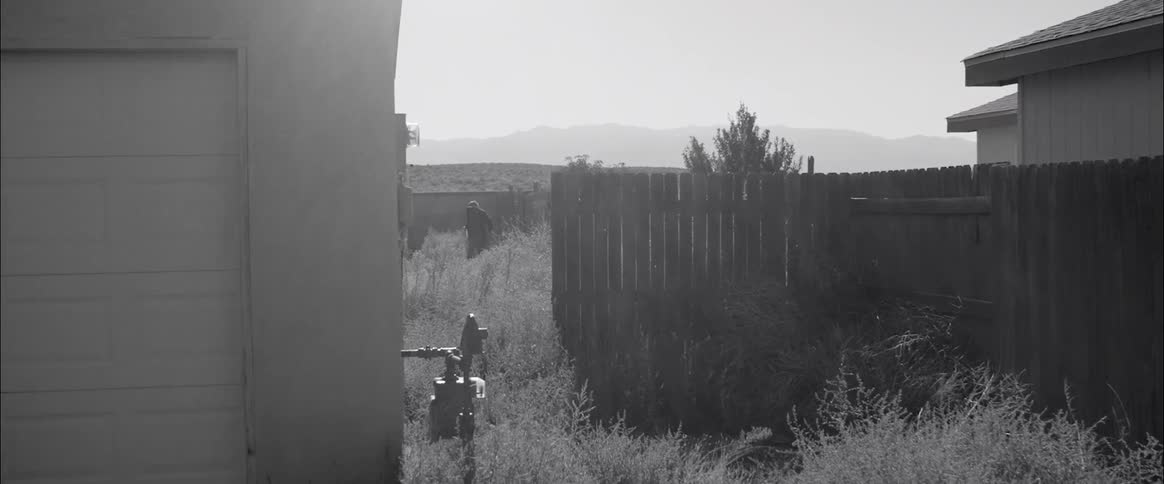 Black and white chip of person walking through overgrown yard