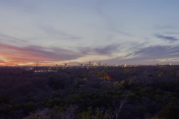 A city skyline in the distance surrounded by a forest