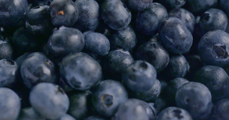 Blueberries rolling atop a pile of blueberries