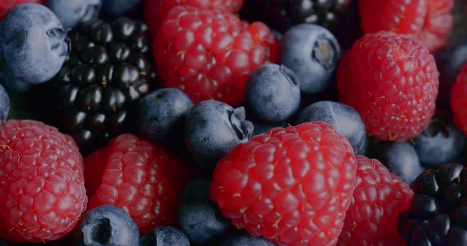 Close up of blueberries raspberries and blackberries