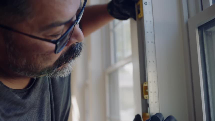 A carpenter uses to a ruler to draw marks on a wall