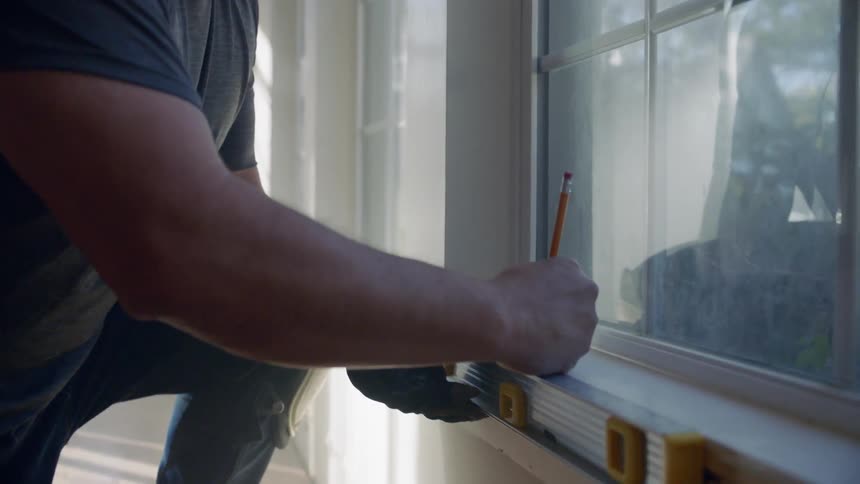 Man adjusts his glasses then uses a pencil and level on a window ledge