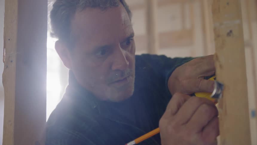 A man uses a measuring tape to put a marking on an exposed beam in a new construction