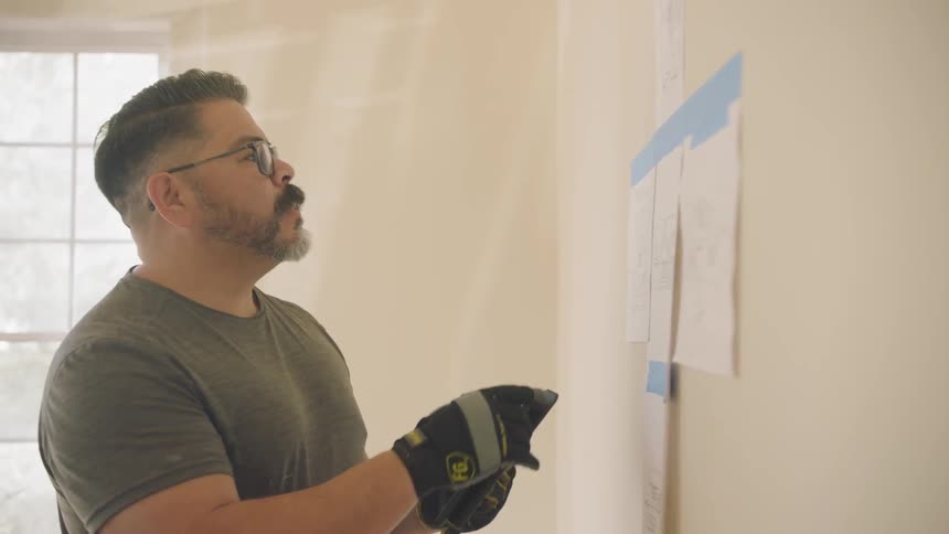 A builder looks at blueprints taped to a wall