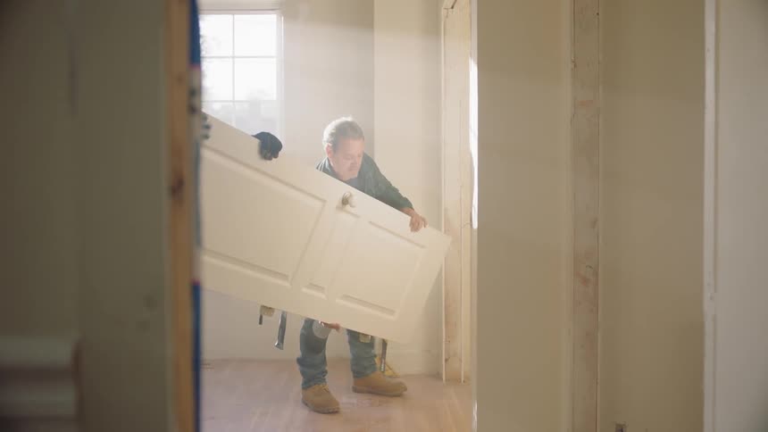 Two men carrying and installing a white door in a room