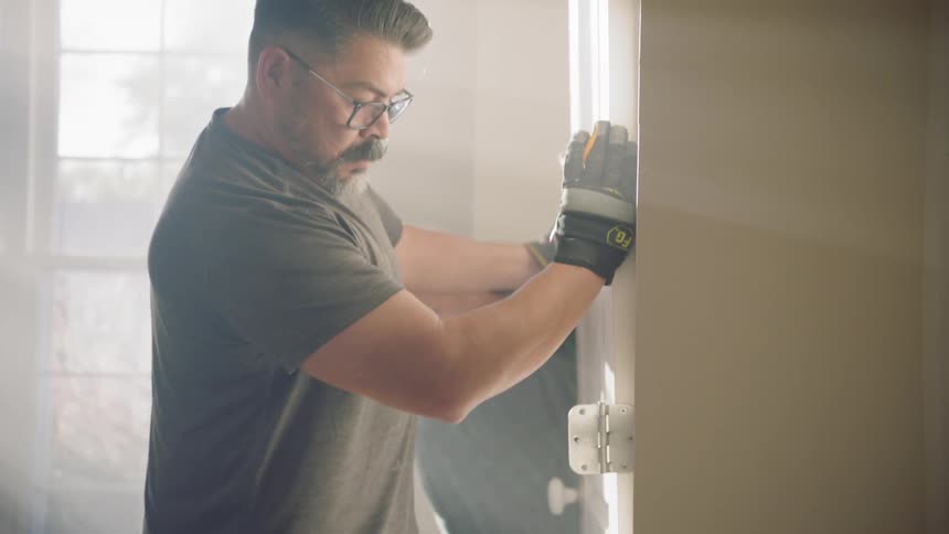 Two men carry a door to install in a new construction home
