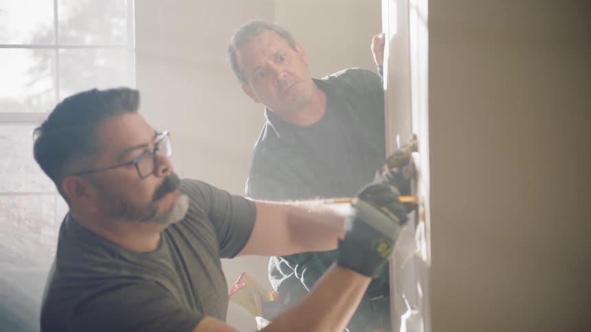 A worker traces around an item on a wall with a pencil as another man holds the board in place