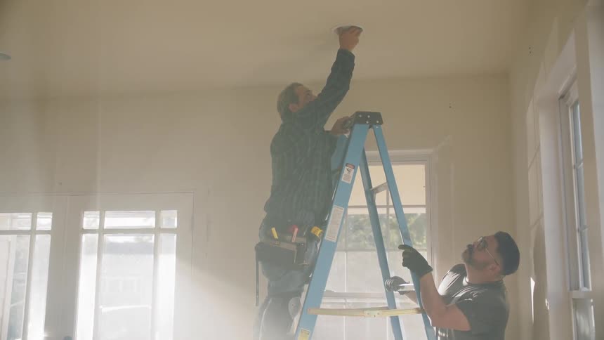 A man wearing black gloves holds a ladder while another man wearing a tool belt stands on the ladder and turns a light bulb into a fixture in the ceiling