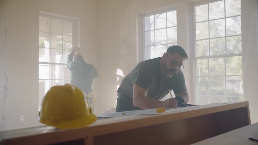 Two people work on a construction project