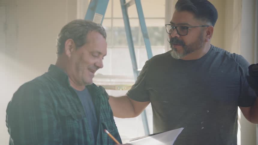 Two friendly contractors are discussing work in a residence during the daytime