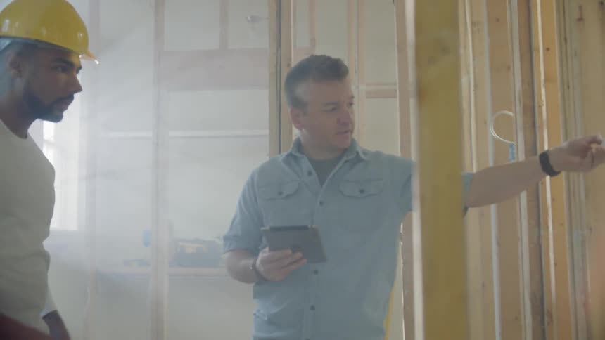 A construction worker wearing a yellow hard hat listens to another man inspecting the new construction of the interior of a building while holding a clipboard