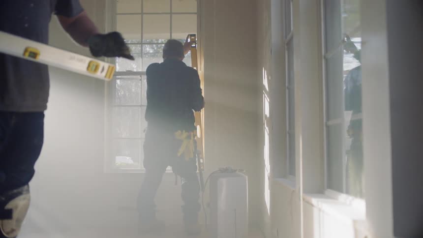 Construction workers measure windows in a sunny room