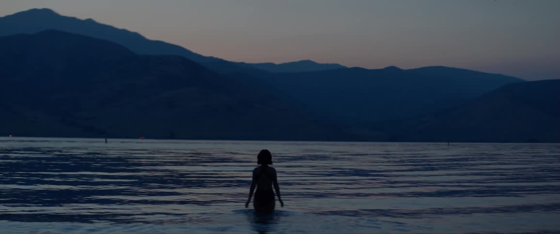 Naked women walking into the lake at dusk