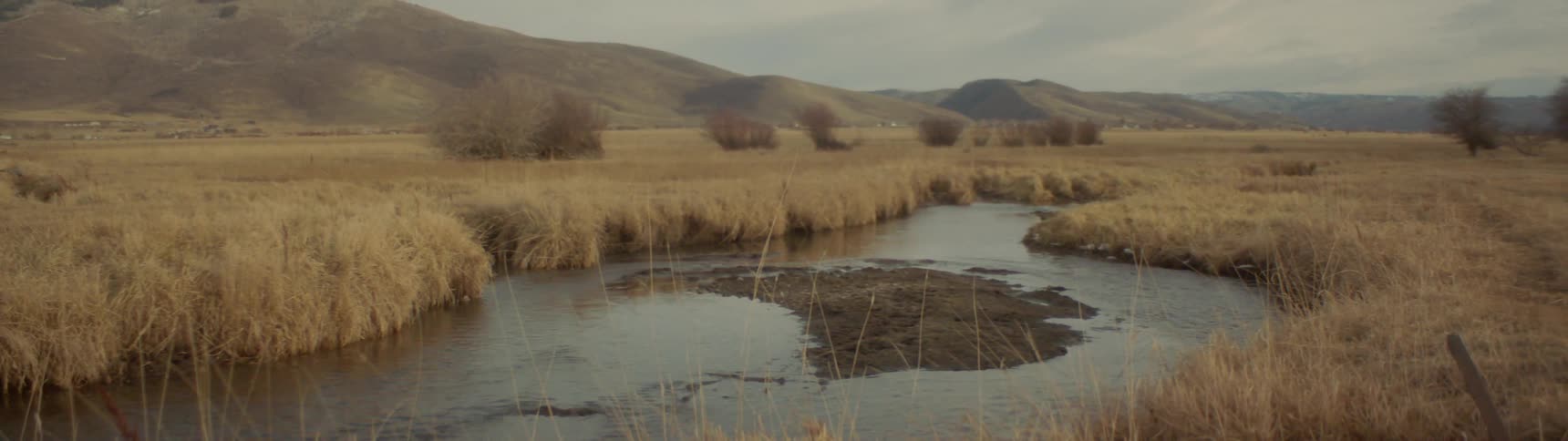 Sandbar occupies center of river in plain bordered by mountains