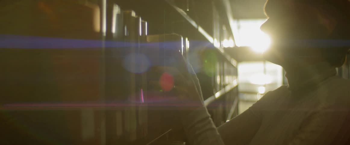 Woman places a book on bookshelf in library at sunset