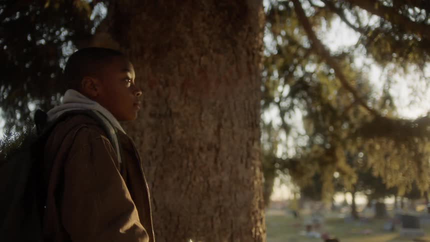 A boy walks in the cemetery
