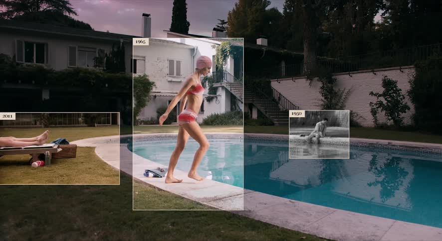 A outdoor swimming pool has images of various people and objects appear in overlayed windows in front of it