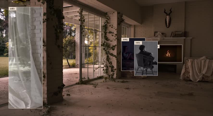 An abandoned home with the doors open has a number of images appear over it showing actions occuring in years past as well as in the future