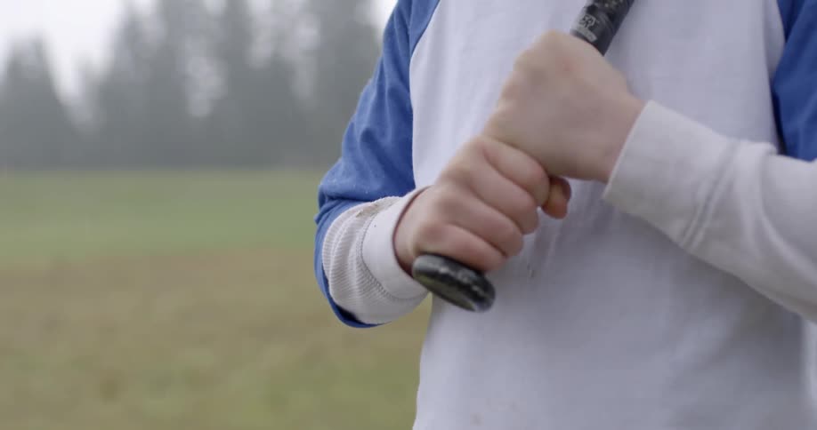 A boy stands in a field gripping a baseball bat