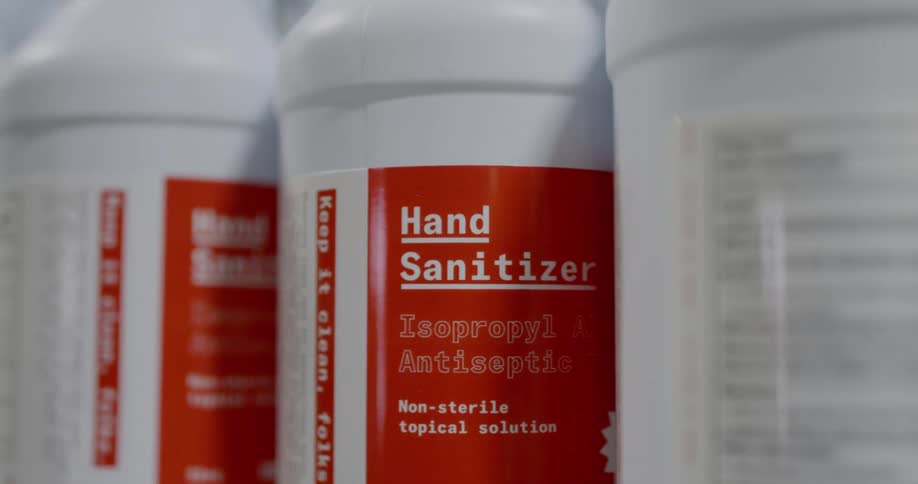 Bottles of hand sanitizer in a row