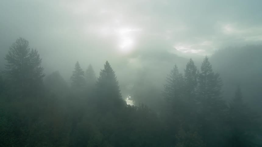 An aerial view of a mountain forest and river cloaked in fog on a cloudy day