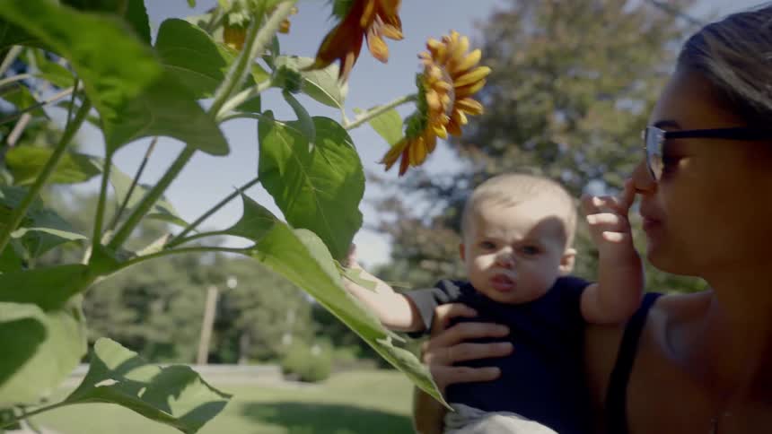 A young woman standing outside holds an infant who is reaching out to touch some nearby sunflowers