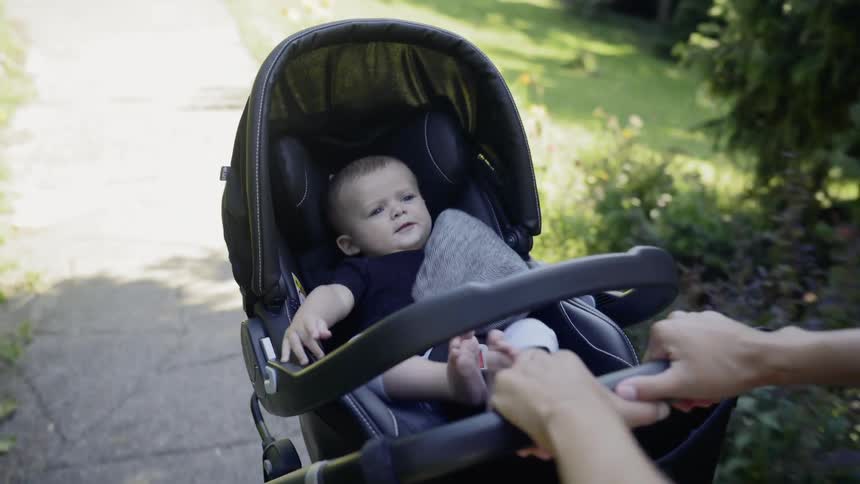Baby on stroller being pushed through park on a bright day