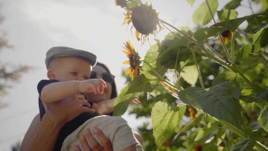 Baby reaches for flowers as his mother holds him