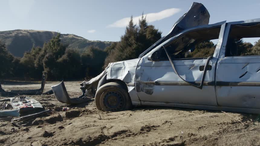 A crashed and destroyed vehicle sits in mud near a mountain range
