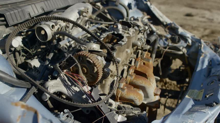 Rust covers car wreck and exposed car engine outdoors