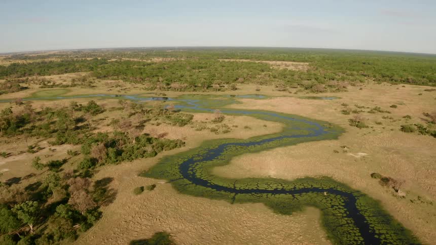 Aerial view of a stream flowing through a flat area of land