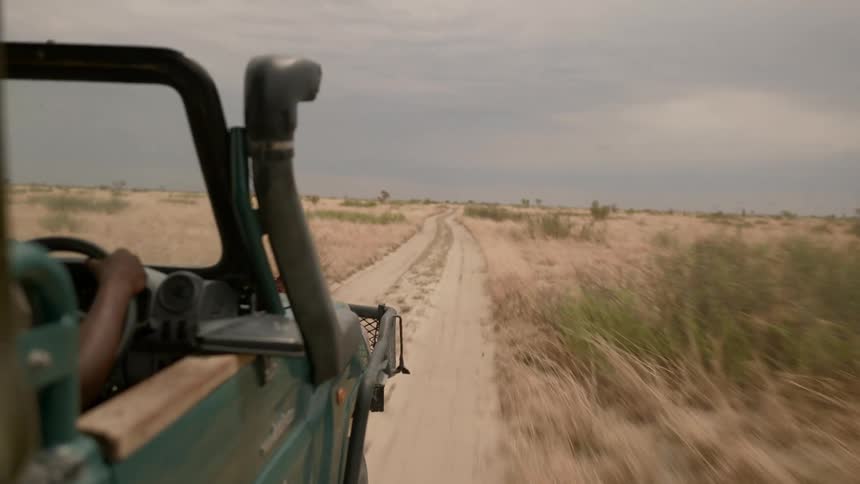 Person drives vehicle along dirt road through arid grass lands under a cloudy sky