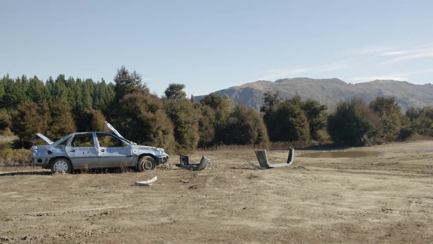 A old abandoned car in a field with trees in the background