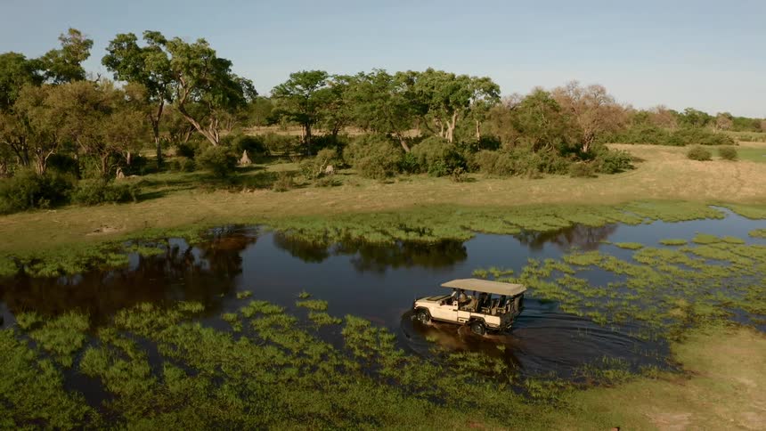 A safari truck drives through a flooded prairie surrounded by trees and grassland