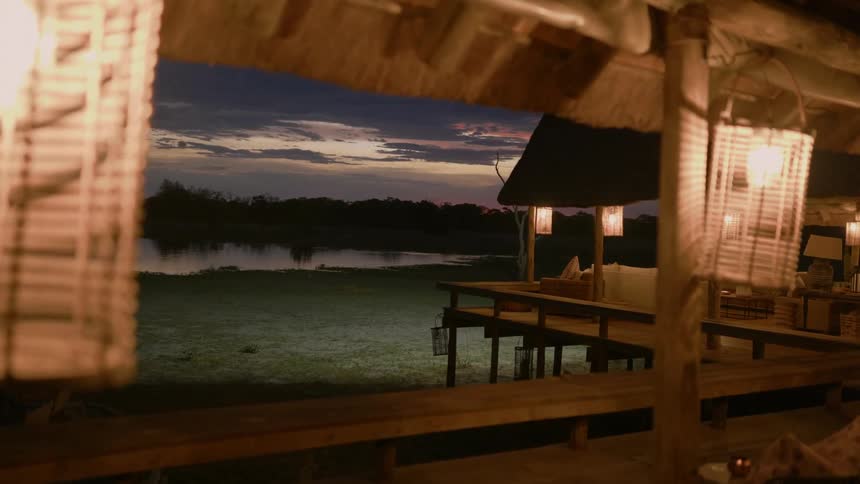 A resort with chairs and lights