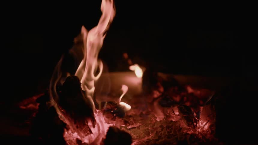 Flames burning on a log at night