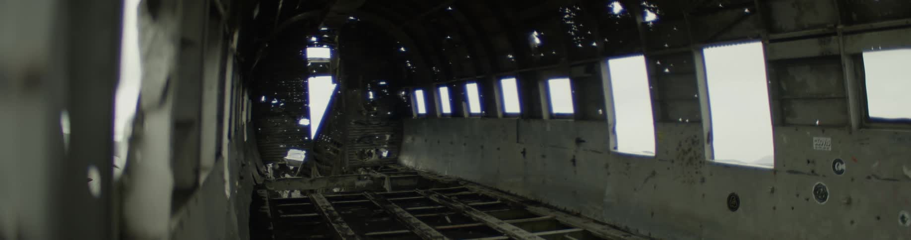 Close up inside view of an abandoned stripped airplane